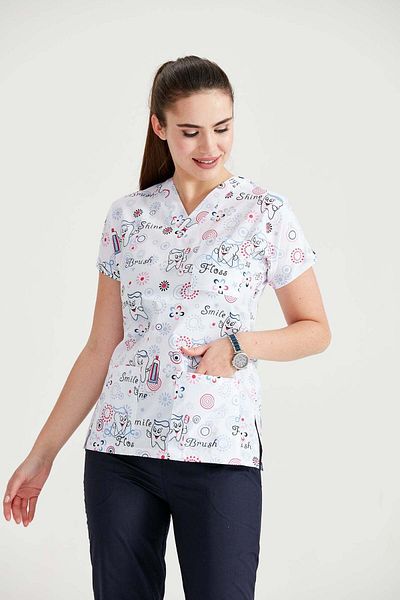 DEMOTEKS White Medical Blouse with Print - Teethbrush