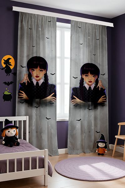 EVPANYA Gray Wednesday Addams Patterned Children's Baby Room Background Curtain (Single Wing Pricing)