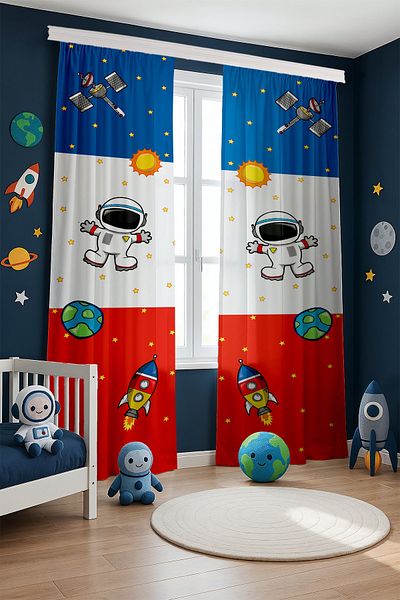 EVPANYA Blue Red Space and Little Astronaut Patterned Children's Baby Room Background Curtain (Single Wing Pricing)