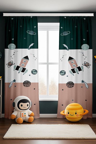 EVPANYA Retro Green Pink Space Vehicles Patterned Children's Baby Room Background Curtain (Single Wing Pricing)