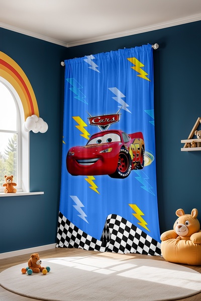 EVPANYA Yarışçı Mavi Mcqueen Desenli Çocuk Bebek Odası Fon Perde (Tek Kanat Fiyatlandırma)