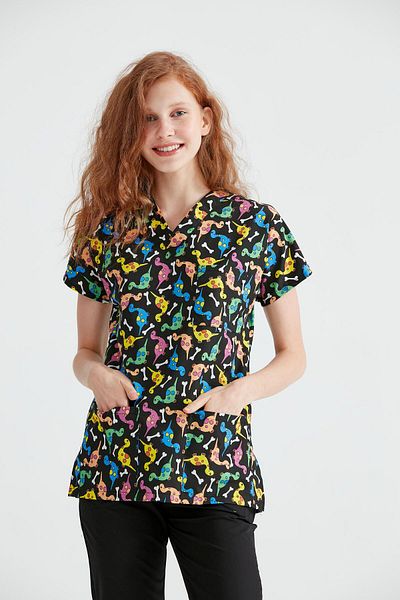 DEMOTEKS Black Medical Blouse with Print - Dino Model