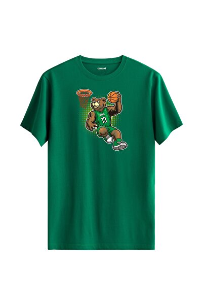 Colermi Basketball Player Slam Dunking with Green Jersey Bear Printed T-Shirt...