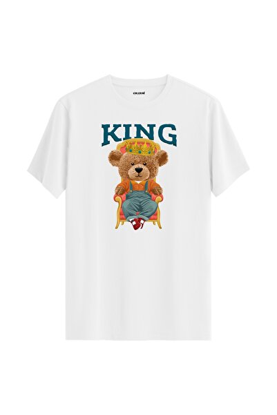 Colermi تي شيرت مطبوع عليه تيدي بير يرتدي التاج على عرش الملك - تي شيرت بتصمي...