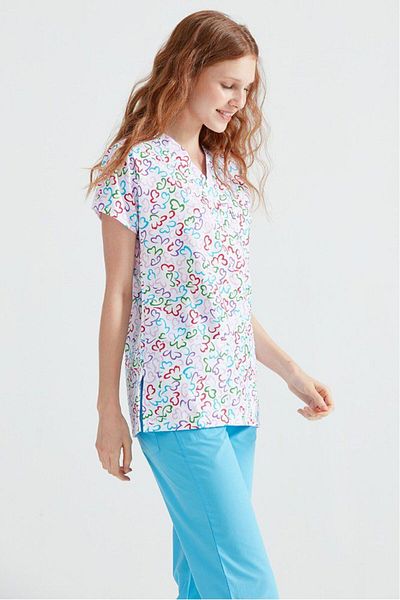 DEMOTEKS White Medical Blouse with Print - Hearts Pattern Various Colors - Hearts