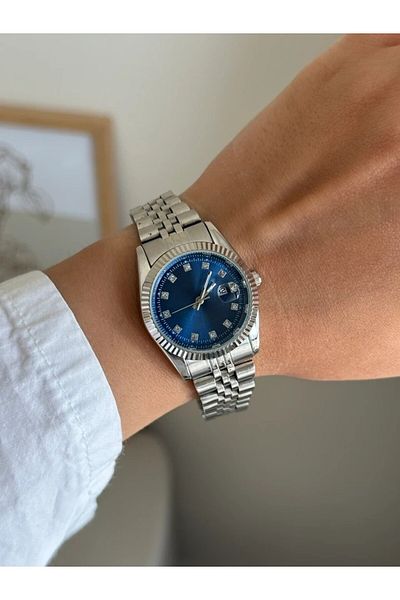 RoseandRoses Halisey Round Case Women Wrist Watch Silver (Navy Blue Dial)