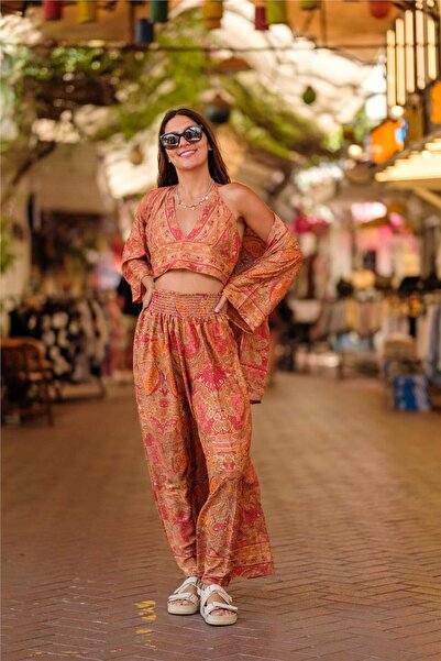 Miss Boheme Orange Color Gold Detailed Silk Trousers Crop Kimono Set