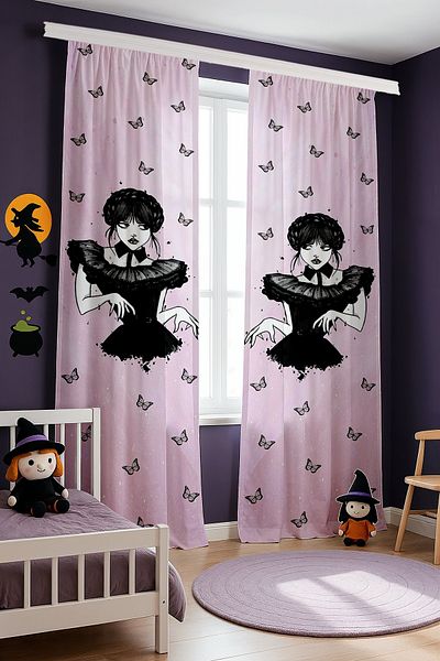 EVPANYA Pink Wednesday Addams Patterned Children's Baby Room Background Curtain (Single Wing Pricing)
