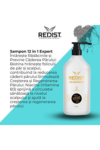 Redist Șampon Expert 12 în 1 cu Biotină, Niacină, Pantenol, Ceai Verde și Salvie, Profesional, 1000 ml