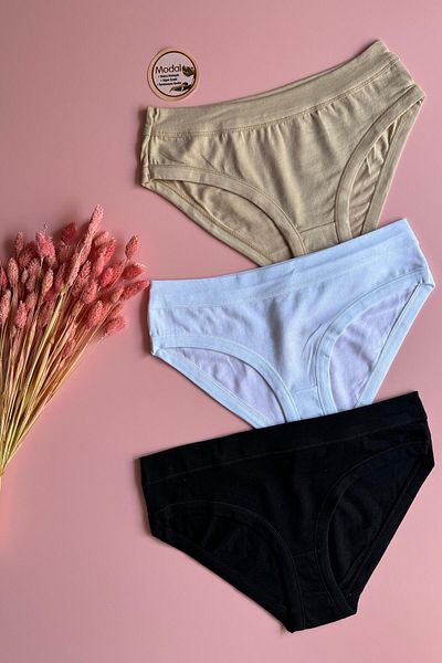 Elosia Modal Fabric |   3-Piece Black, White and Tan Extra Piping Bikini Women's Panties 51E05