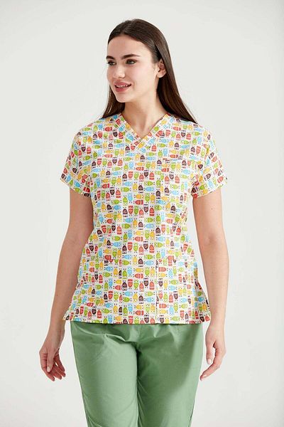 DEMOTEKS White Medical Blouse with Print - Owl Model