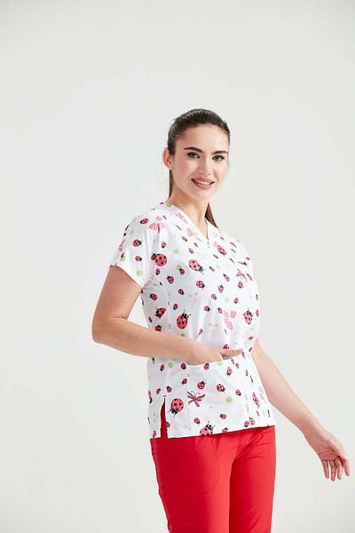 DEMOTEKS White Medical Blouse with Print - Model Buby Red
