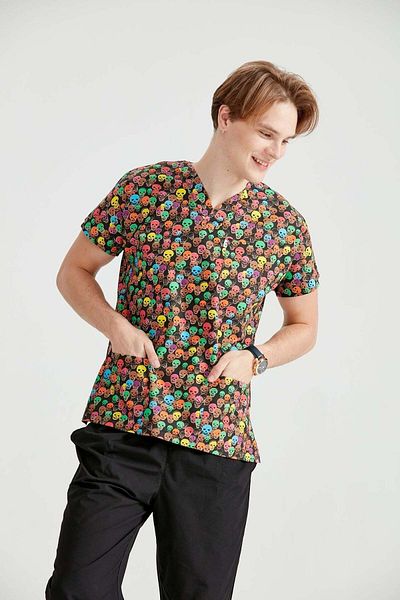 DEMOTEKS Black Medical Blouse with Print - Skull Model