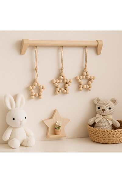 AYBÜK PABUÇ DEKORATİF AHŞAP BONCUKLU 3LÜ YILDIZ SET MUTFAK BALKON ÇOCUK BEBEK ODASI DUVAR KAPI SÜSÜ