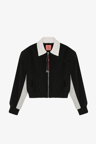 Quzu Color Blocked Back Text Printed Bomber Jacket Black
