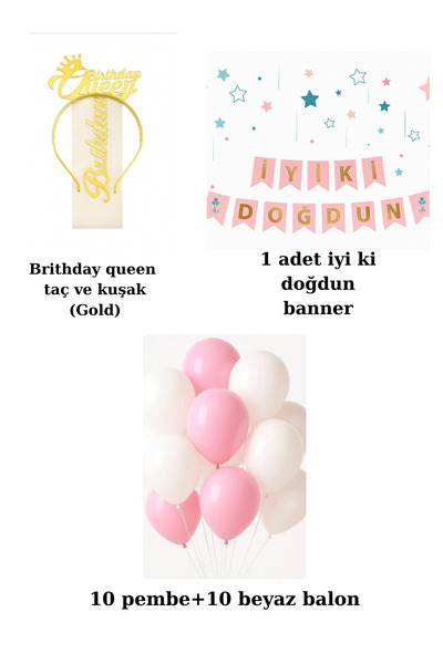 Anatolia 23 Parça Gold Doğum günü partisi seti Birthday queen taç kuşak seti