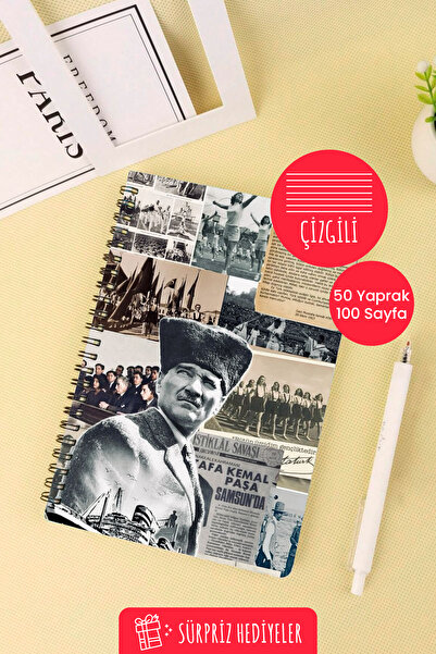 Anime Marketi Mustafa Kemal Atatürk Designed A5 Spiral School Notebook 50 Sheets 100 Pages - Lined