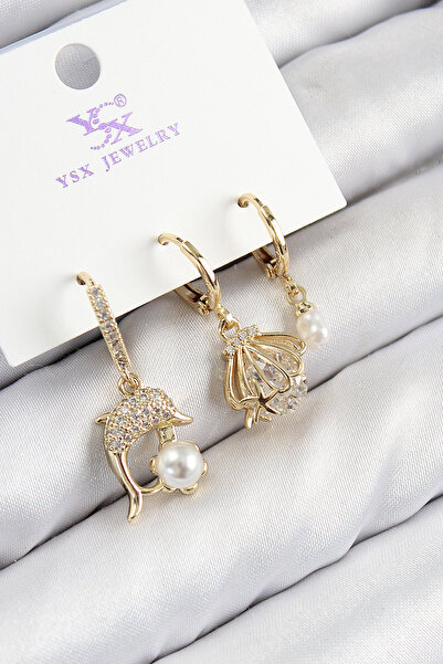 Epilons Brass Zircon Stone 3-Piece Dolphin and Oyster Model Gold Color Women'...