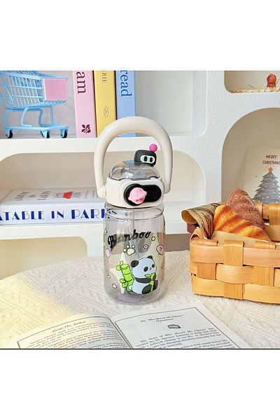 Generic Cute cartoon design plastic water bottle with straw and carrying strap