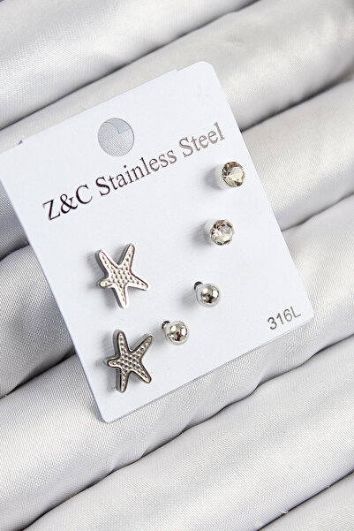 Epilons 316L Steel Zircon Stone Sea Star Model Silver Color Women's Set Earri...