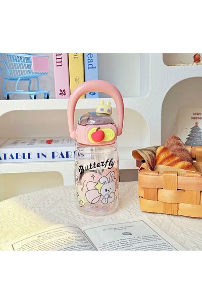 Generic Cute cartoon design plastic water bottle with straw and carrying strap