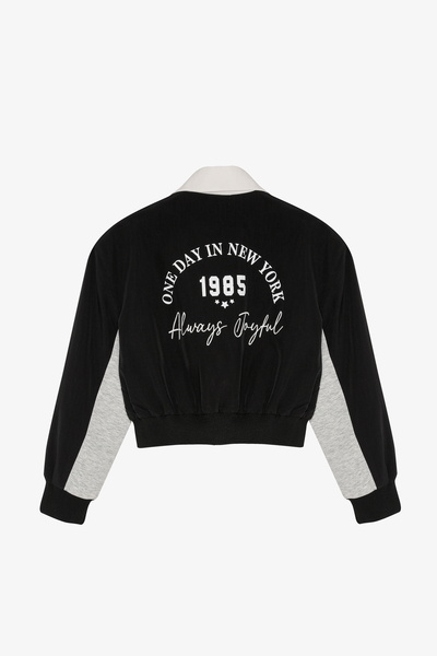 Quzu Color Blocked Back Text Printed Bomber Jacket Black