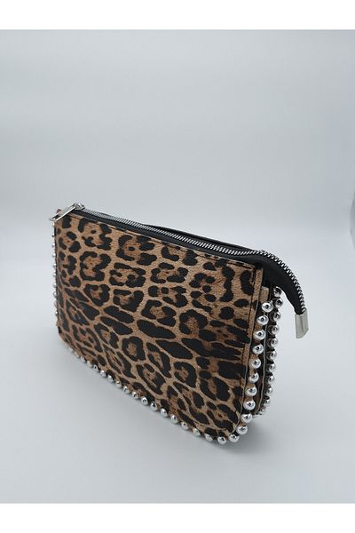 Silblack Pearl Corner Leopard Women's Shoulder Bag with Chain Strap - 2 Compartments and 3 Compartments Trend Model