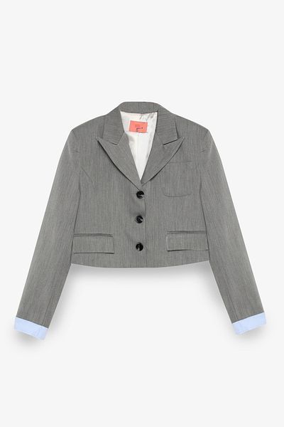 Quzu Fabric Garnished Pocket Detailed Crop Blazer Jacket Gray