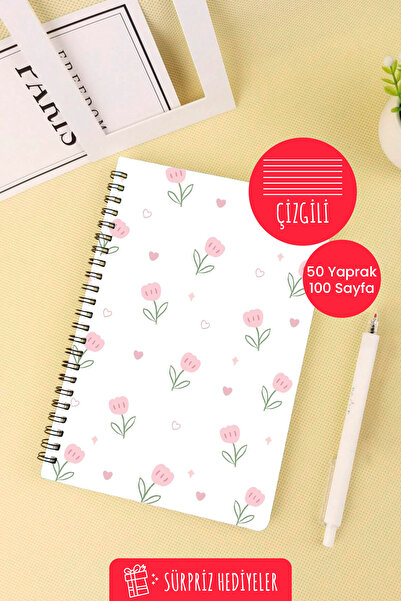 Anime Marketi دفتر مدرسي حلزوني مقاس A5 بتصميم زهرة وردية 50 ورقة 100 صفحة - مسطر