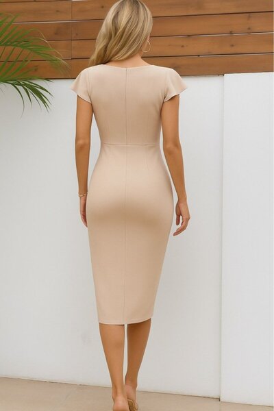 JANES Women's Short Sleeve Heart Collar Side Gather Detail Midi Imported Crepe Dress