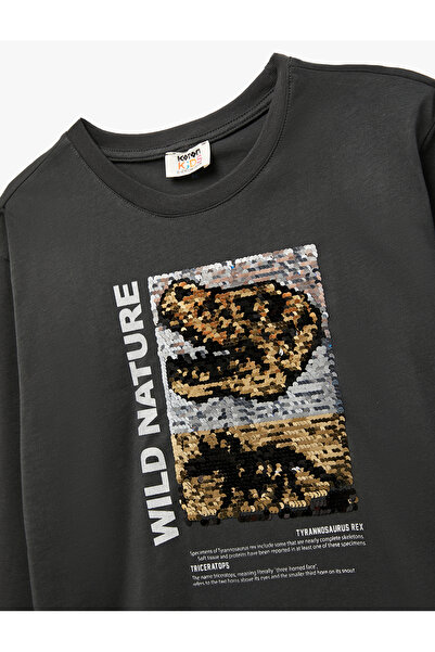 Koton Βαμβακερό μπλουζάκι με μακρυμάνικο λαιμόκοψη με παγιέτες Dinosaur