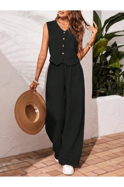Bizcomoda Women's Zero Sleeve Buttoned Vest and Pants Wrinkle Double Suit