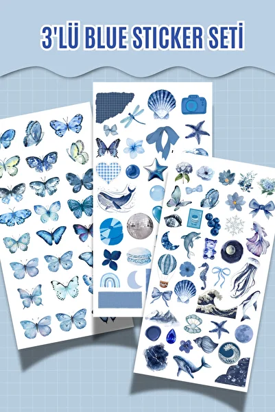 Hume Craft 3-Piece Blue Sticker Set – Blue Themed Stickers – (Agenda, Notebook, Bullet Journal, Scrabook)