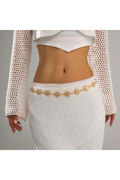 TABA BUTİK 9-Piece Adjustable Chain Women's Belt with Sun Buckle Detail