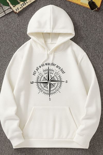 CLASSY.MODA “Unisex 3 Thread Fabric Compass Printed Hooded Sweatshirt”