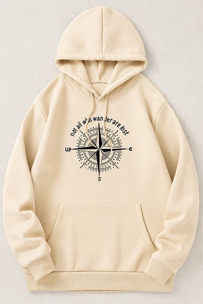 CLASSY.MODA “Unisex 3 Thread Fabric Compass Printed Hooded Sweatshirt”