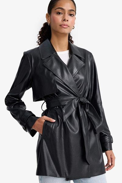 DeFacto Regular Fit Belted Pocket Faux Leather Short Trench Coat E8596Ax25Au