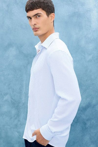 DeFacto Modern Fit Polo Neck Striped Crinkle Long Sleeve Shirt E9053Ax25Au
