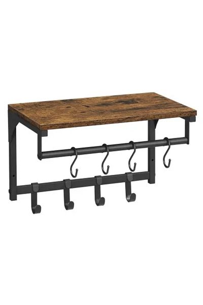 Artool Wall Hanger with Shelf, Artool, 8 Hooks, Steel, Rustic Black and Brown, 40x24x24 cm