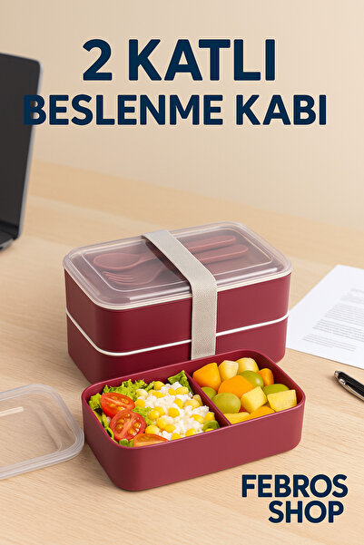 Febros 2-Tier Rectangular School Office Picnic Lunch Box with Cutlery and Spo...