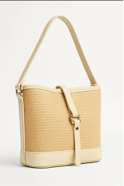 loute Women's Long Strap Straw and Leather Shoulder Bag with Lining and Zipper Magnet