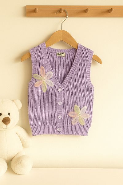 Nimini Kids New Season Flower Detailed Buttoned Knitwear Thessaloniki Knitted Baby Girl Children's Vest (0-8 Years)