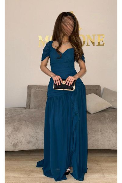 MEZON FASHION Turquoise chiffon evening dress