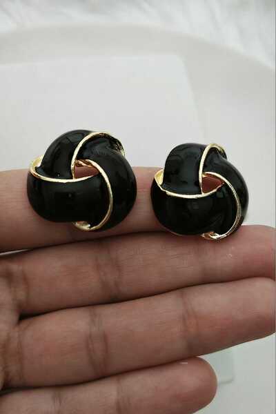 KYOLA DESİGN Siyah Mineli Bombeli Gold Kadın Küpe