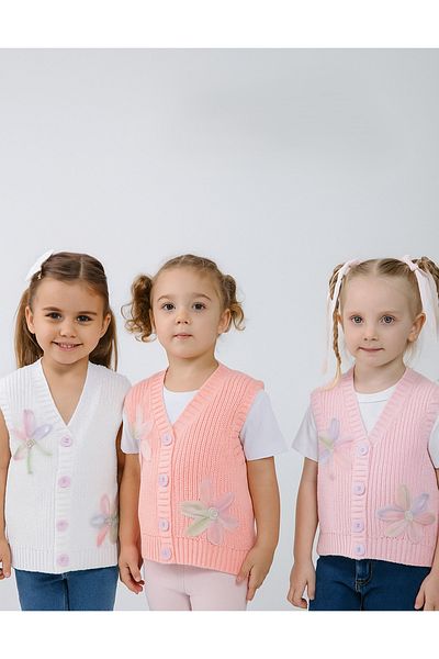 Nimini Kids New Season Flower Detailed Buttoned Knitwear Thessaloniki Knitted Baby Girl Children's Vest (0-8 Years)