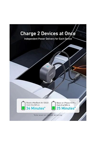 Anker 75W USB-C Car Charger with Built-in Retractable USB-C Cable - Black