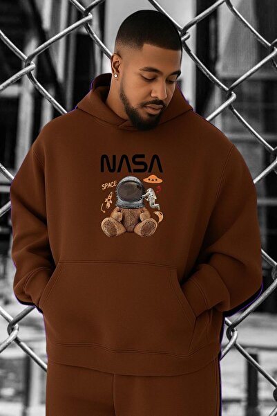 BENROMA سترة رياضية كبيرة الحجم مطبوعة بشعار ناسا من القطن الممشط بثلاث خيوط