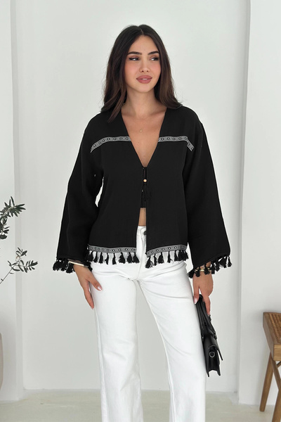 AsprinFashion Μπλούζα με φούντες με αντίστροφη βελονιά με κορδόνια μαύρη