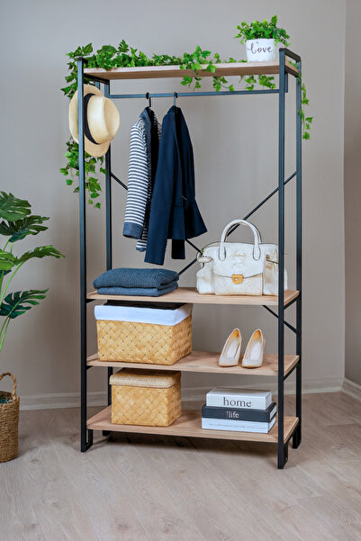 Luxence Nordic Tarz 4 Raflı Açık Gardırop – Elbise Askılığı ve Ayakkabılık