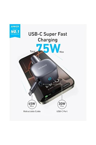 Anker 75W USB-C Car Charger with Built-in Retractable USB-C Cable - Black